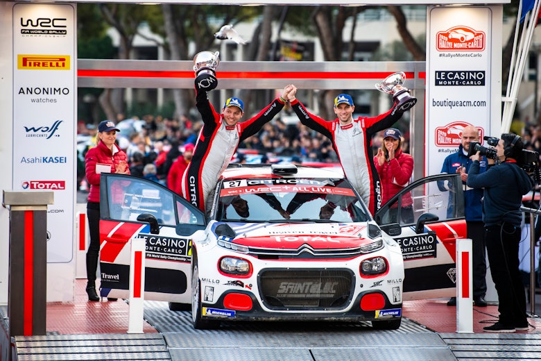 Eric Camilli and Francois-Xavier Buresi (FRA) are celebrating on podium on day 4 during World Rally Championship Monte-Carlo in Gap, France on January 26, 2020