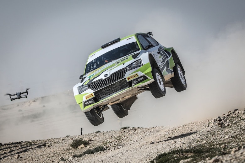 Andreas Mikkelsen in flying action in Qatar.