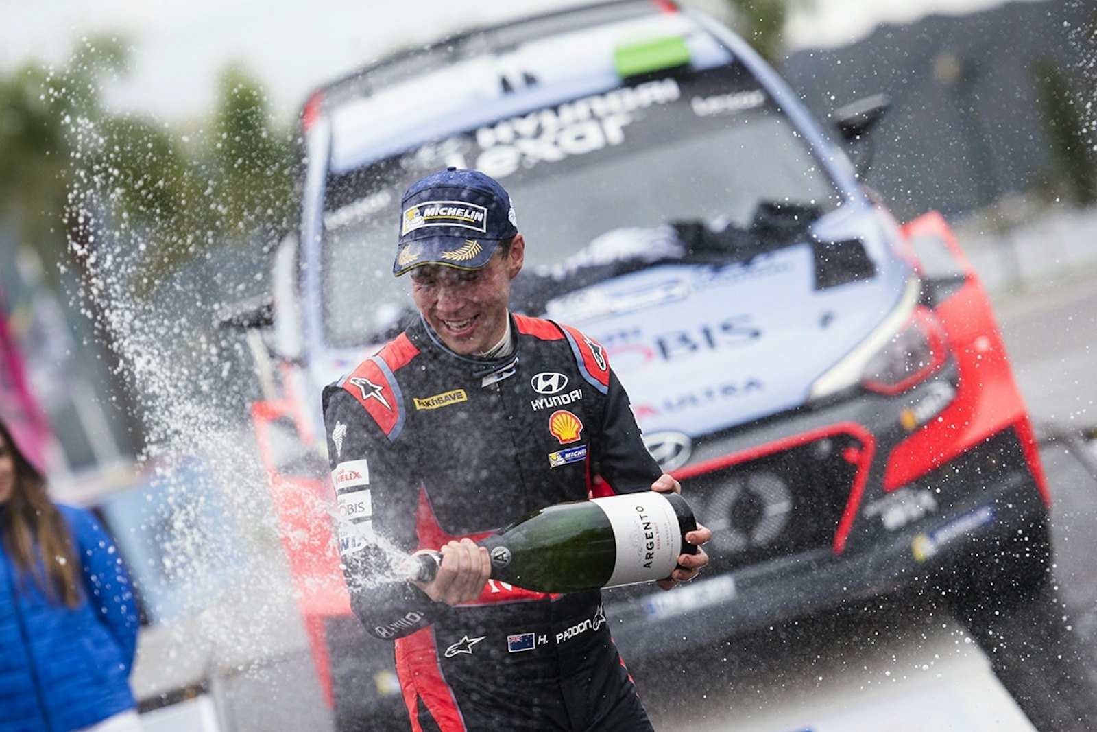 Hayden Paddon(NZL) celebrates the podium during  the FIA World Rally Championship Argentina 2016 in Cordoba, Argentina on April 24, 2016 // Jaanus Ree/Red Bull Content Pool // P-20160424-00833 // Usage for editorial use only // Please go to www.redbullcontentpool.com for further information. //