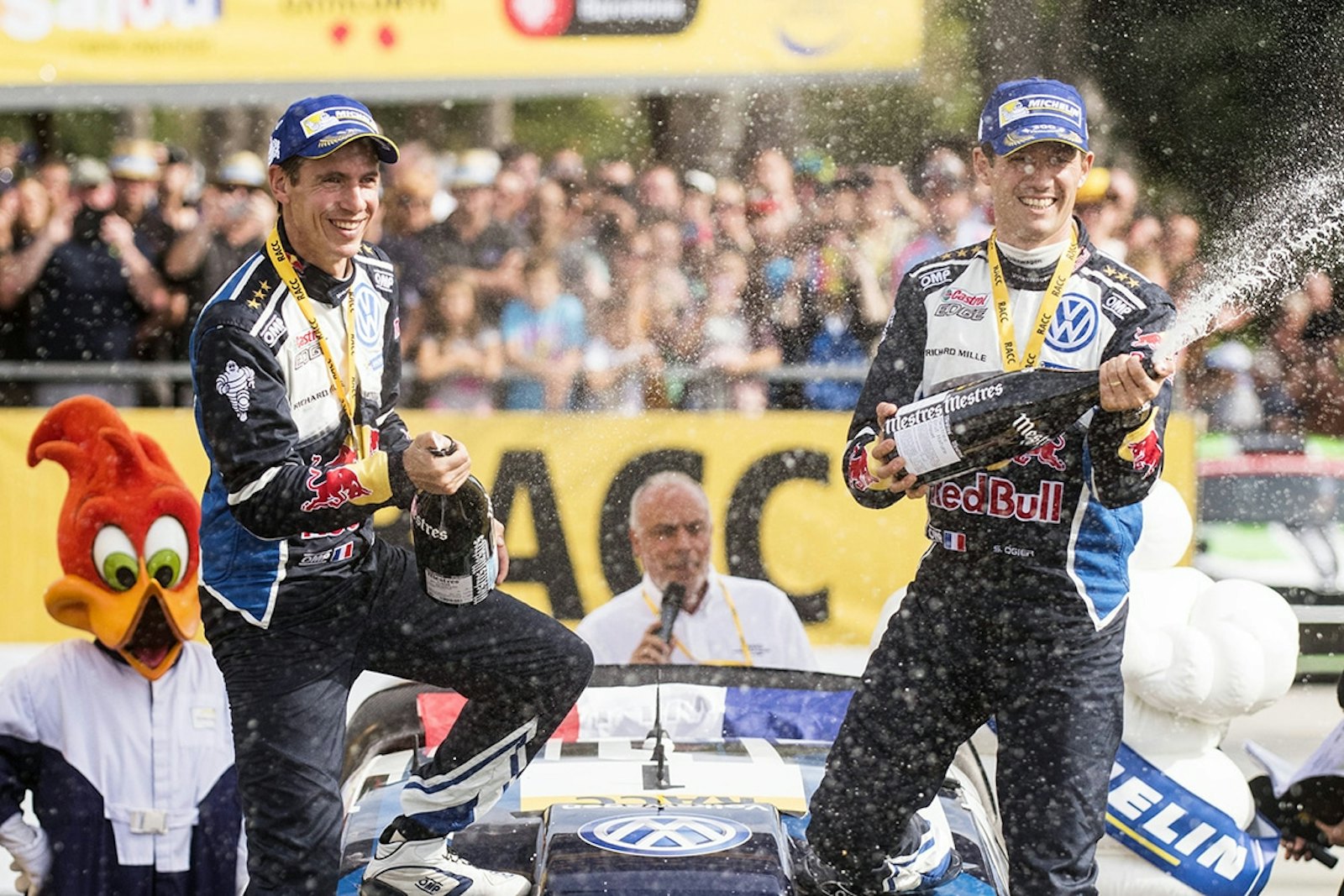 Sebastien Ogier (FRA), Julien Ingrassia celebrate the podium during FIA World Rally Championship 2016 Spain in Salou , Spain  on 16 October 2016 // Jaanus Ree/Red Bull Content Pool // P-20161016-00845 // Usage for editorial use only // Please go to www.redbullcontentpool.com for further information. //